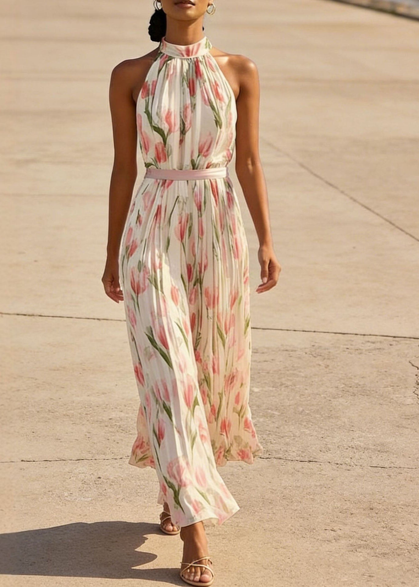 Floral Print Halter Neck Pleated Belted Chiffon Maxi Dress