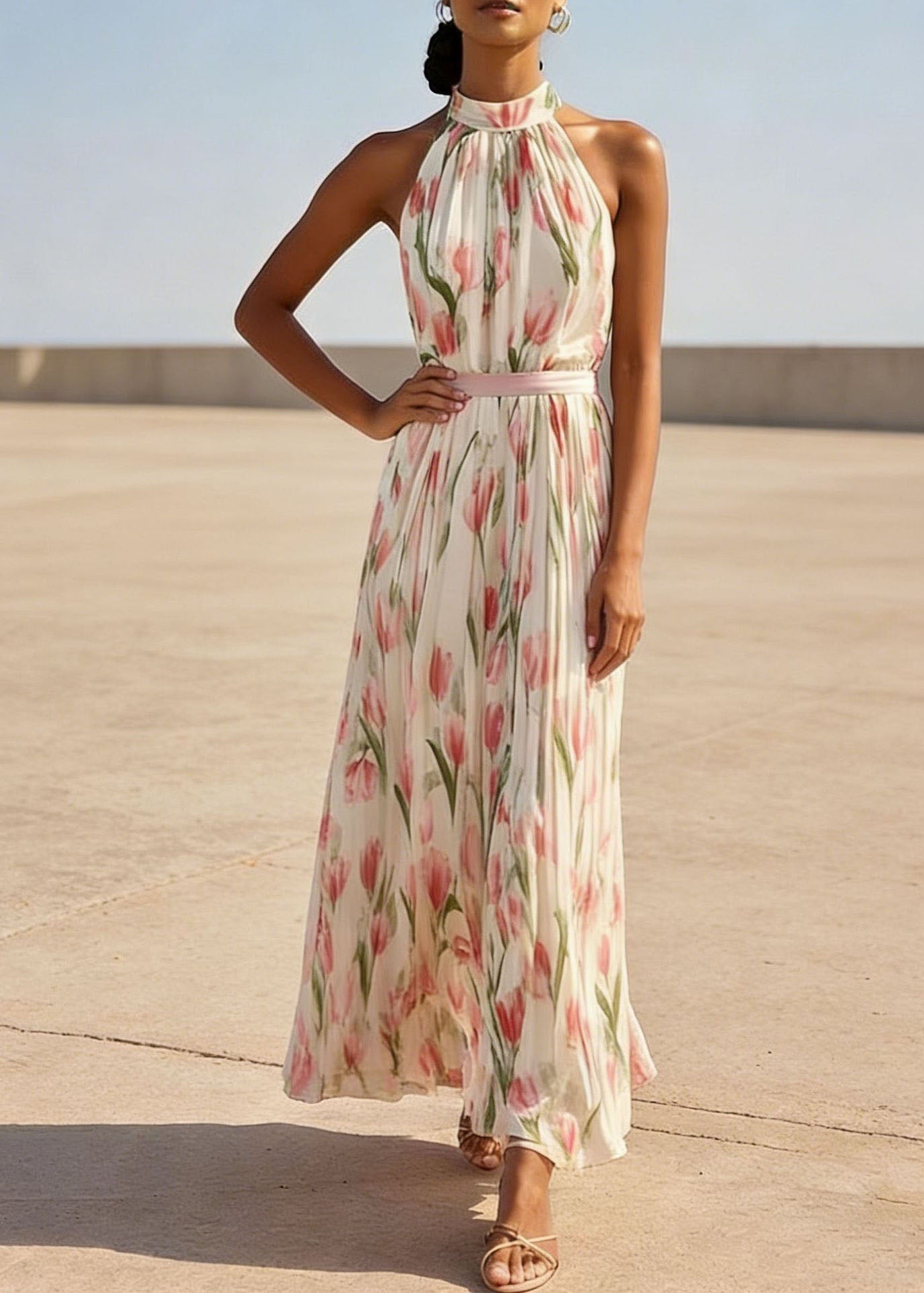 Floral Print Halter Neck Pleated Belted Chiffon Maxi Dress