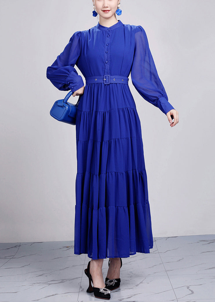Elegant Red Stand Collar Wrinkled Chiffon Dresses Long Sleeve 2