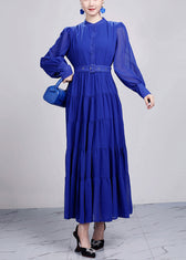 Elegant Red Stand Collar Wrinkled Chiffon Dresses Long Sleeve 2