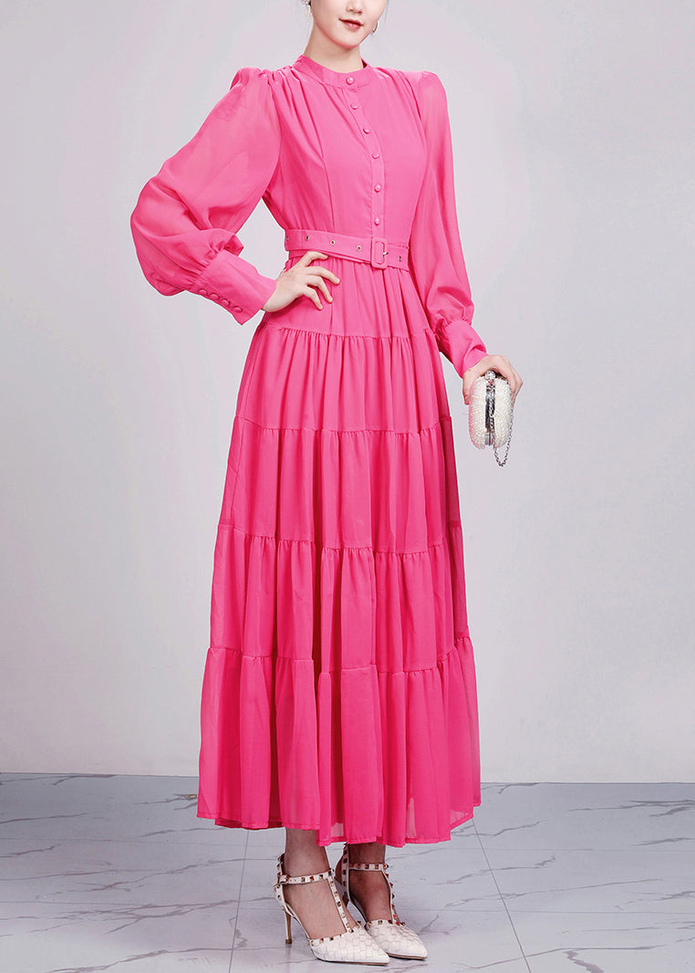 Elegant Red Stand Collar Wrinkled Chiffon Dresses Long Sleeve 4