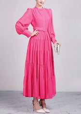 Elegant Red Stand Collar Wrinkled Chiffon Dresses Long Sleeve 4