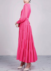 Elegant Red Stand Collar Wrinkled Chiffon Dresses Long Sleeve 5