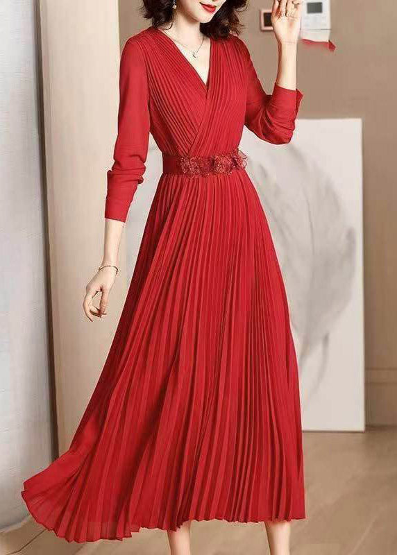 Elegant Red V Neck Wrinkled Tunic Chiffon Maxi Dress Fall - View 4