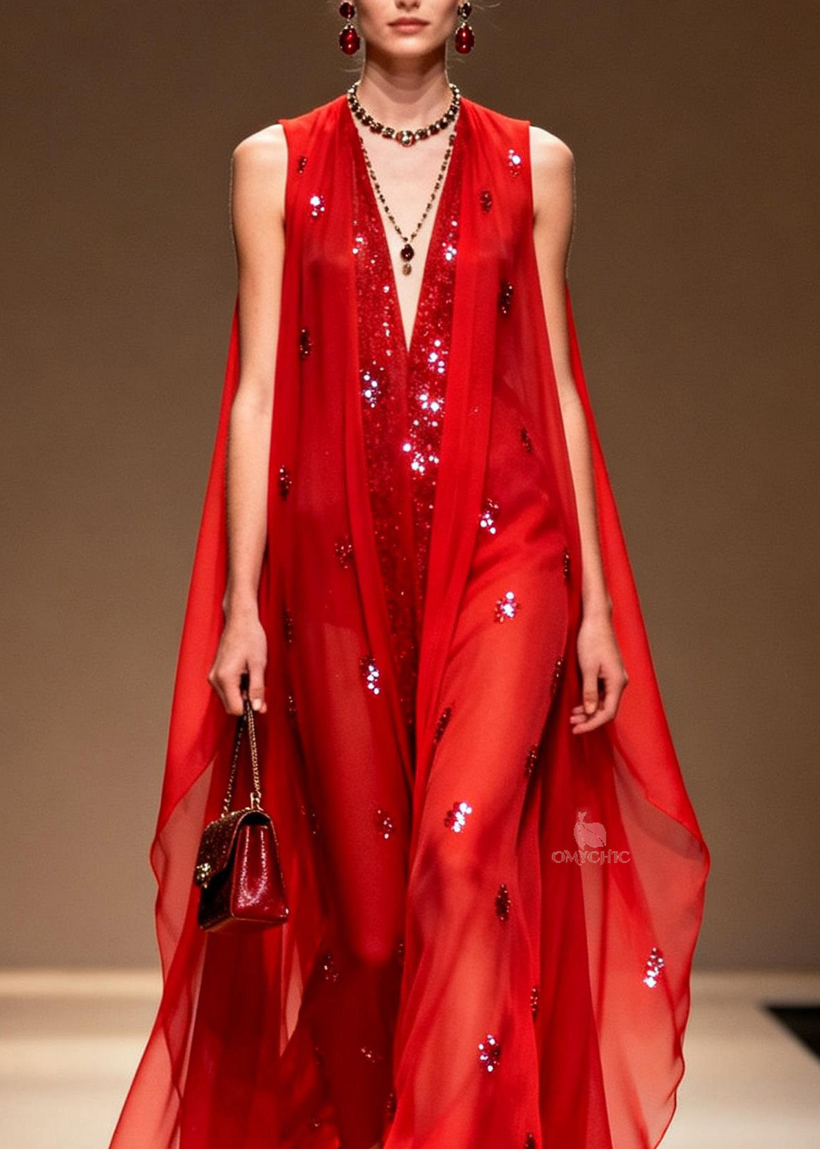 Sequin Scatter Deep V-Neck Sheer Cape Overlay Maxi Gown
