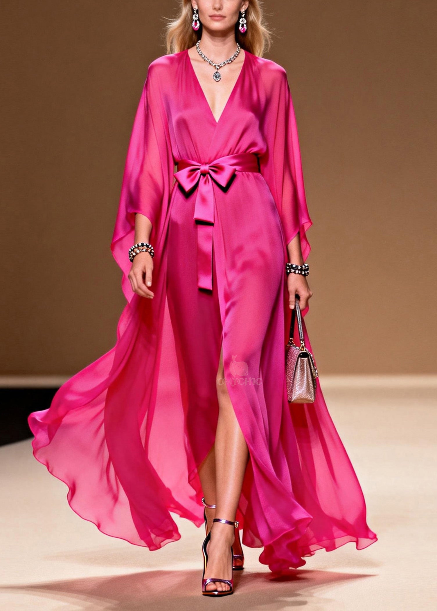 Chiffon Deep V-Neck Wrap Belted Bow Sheer Sleeve High Split Maxi Gown