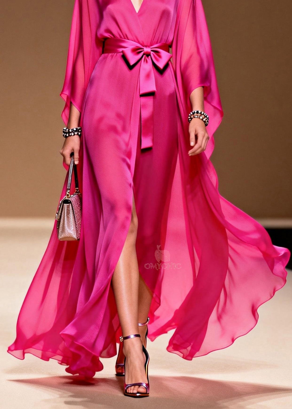 Elegant Rose V Neck Lace Up Chiffon Long Dress Summer