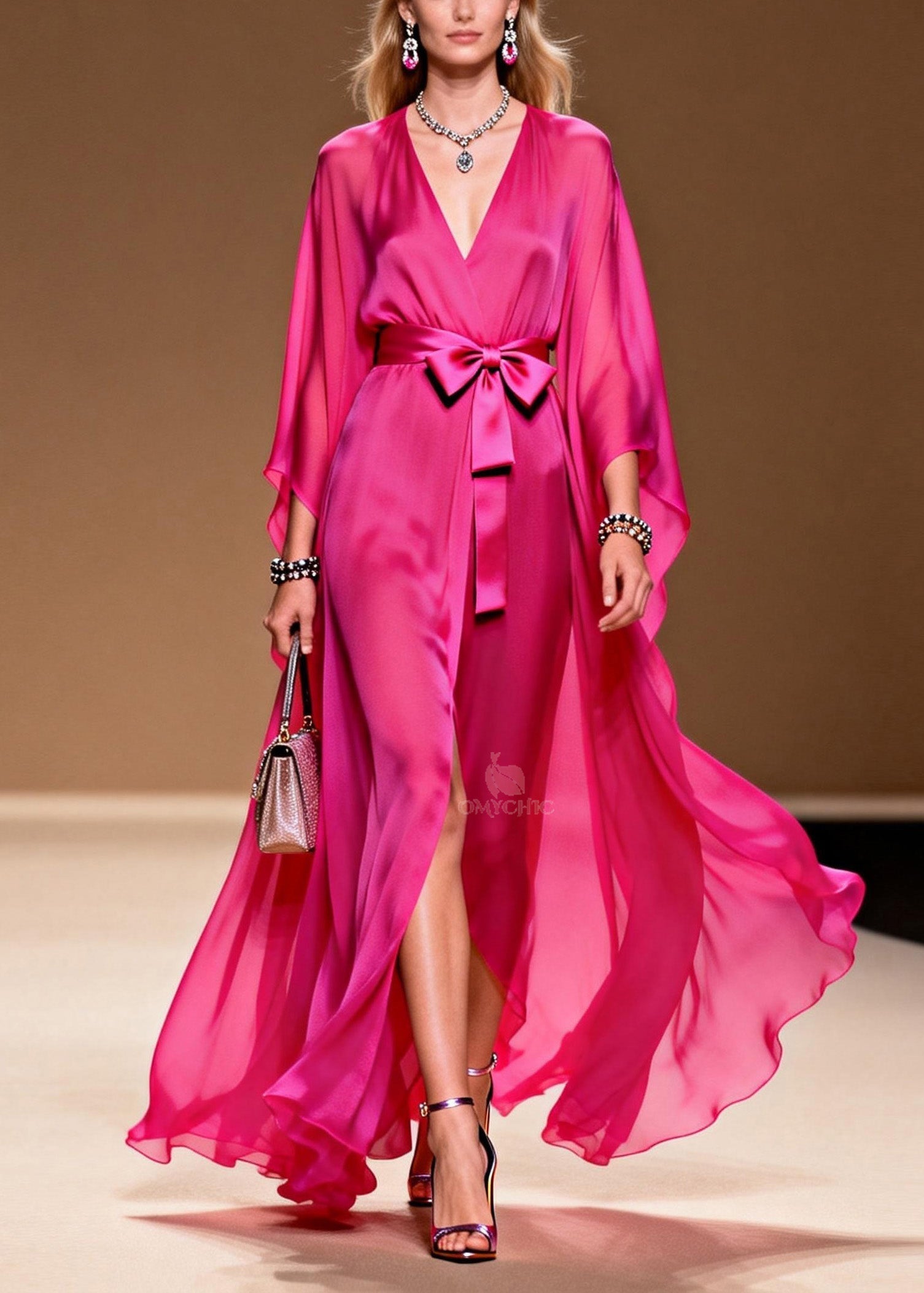 Chiffon Deep V-Neck Wrap Belted Bow Sheer Sleeve High Split Maxi Gown