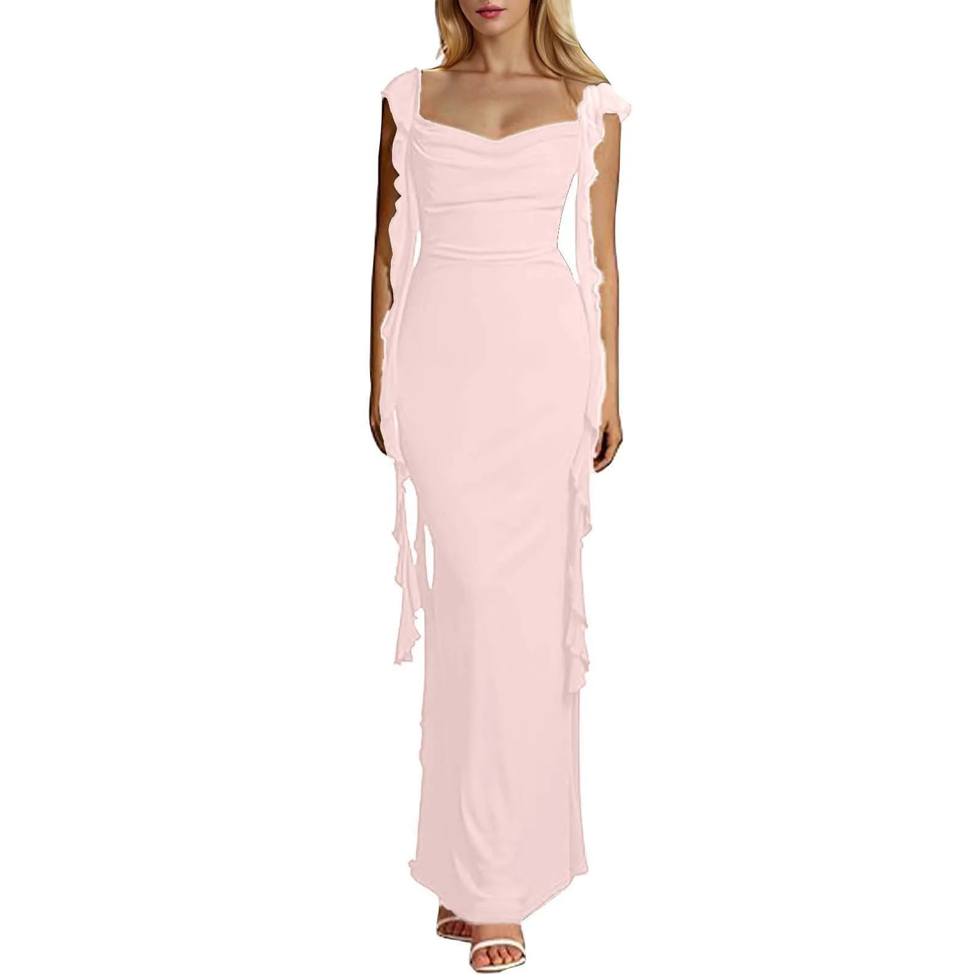 Ruffle Square Neck Backless Sleeveless Party Maxi Dress - View 5