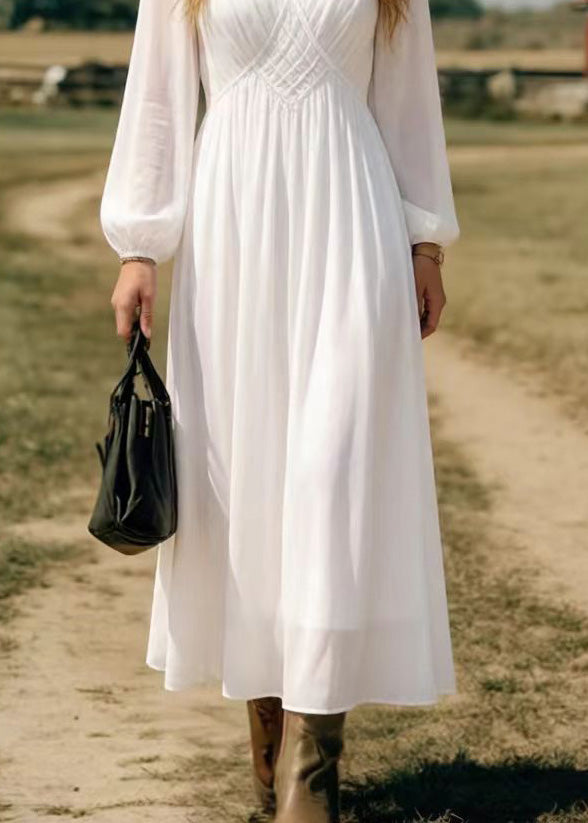Chiffon Deep V-Neck Bishop Sleeve Lattice Empire Waist Maxi Dress