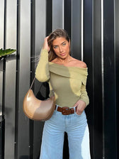 Elegant Slim Green Off-Shoulder Long Sleeve Chic Sweater