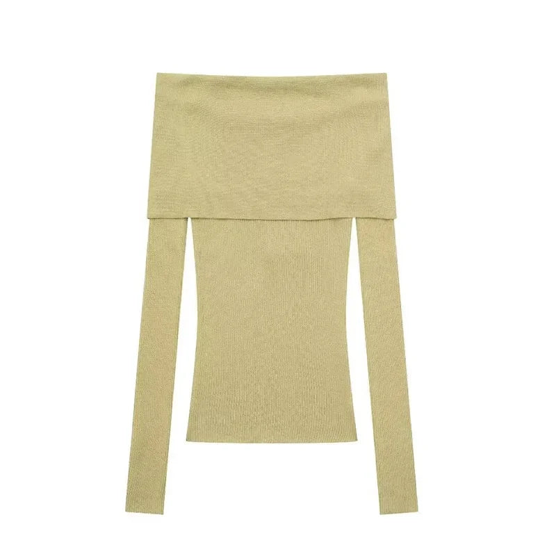Elegant Slim Green Off-Shoulder Long Sleeve Female Chic Christmas Sweater / S Sweaters-L
