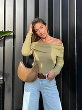 Elegant Slim Green Off-Shoulder Long Sleeve Chic Sweater