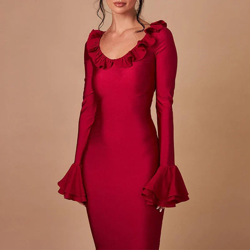 Refined Solid Color O Neck Flare Sleeve Laceup Ruffles Maxi Dress