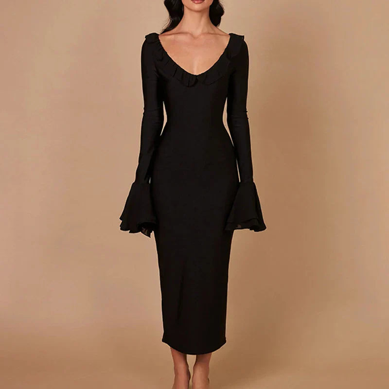 Refined Solid Color O Neck Flare Sleeve Laceup Ruffles Maxi Dress