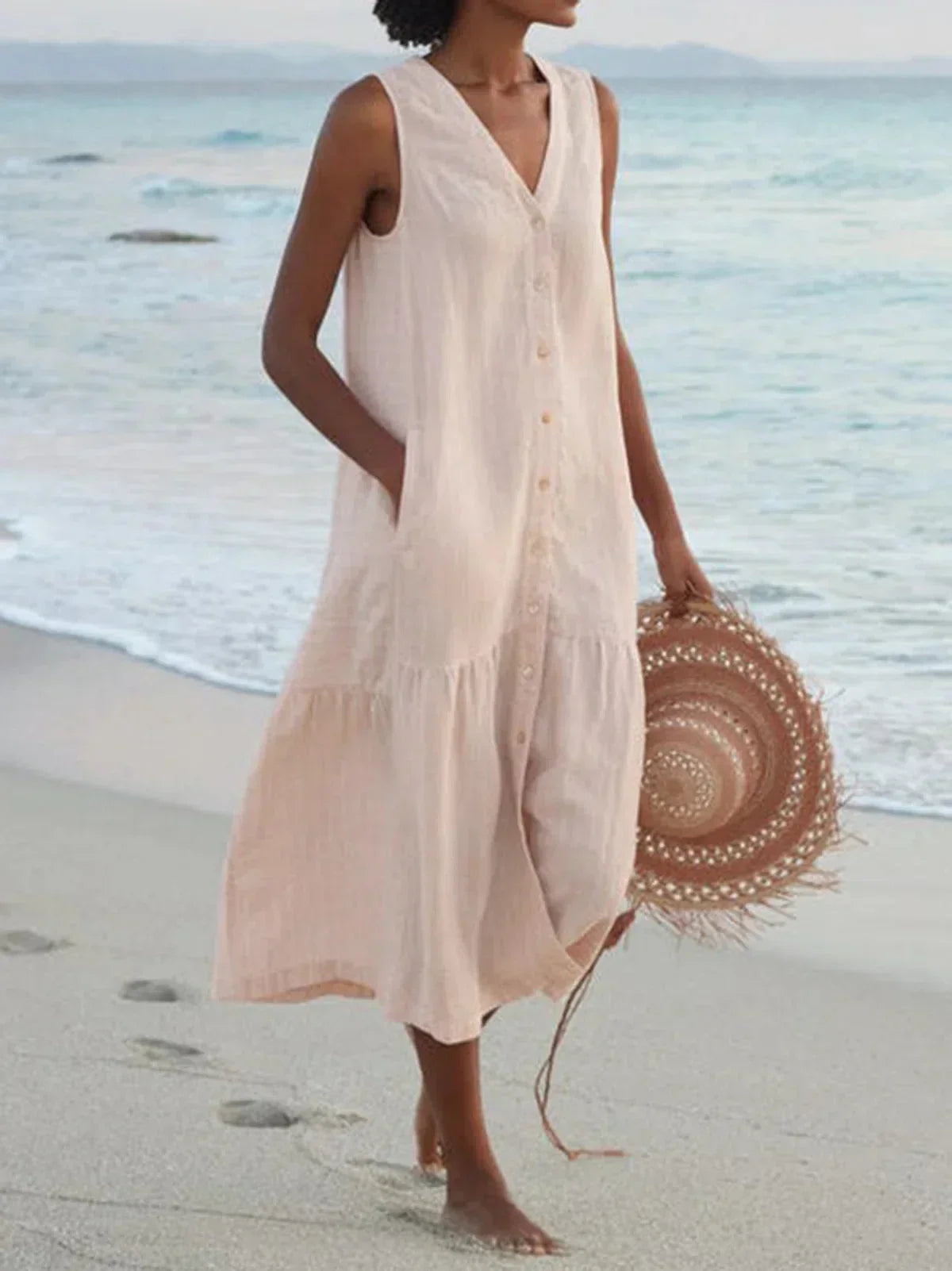 Refined Solid Shirt Summer Sleeveless V Neck Harajuku Maxi Dress