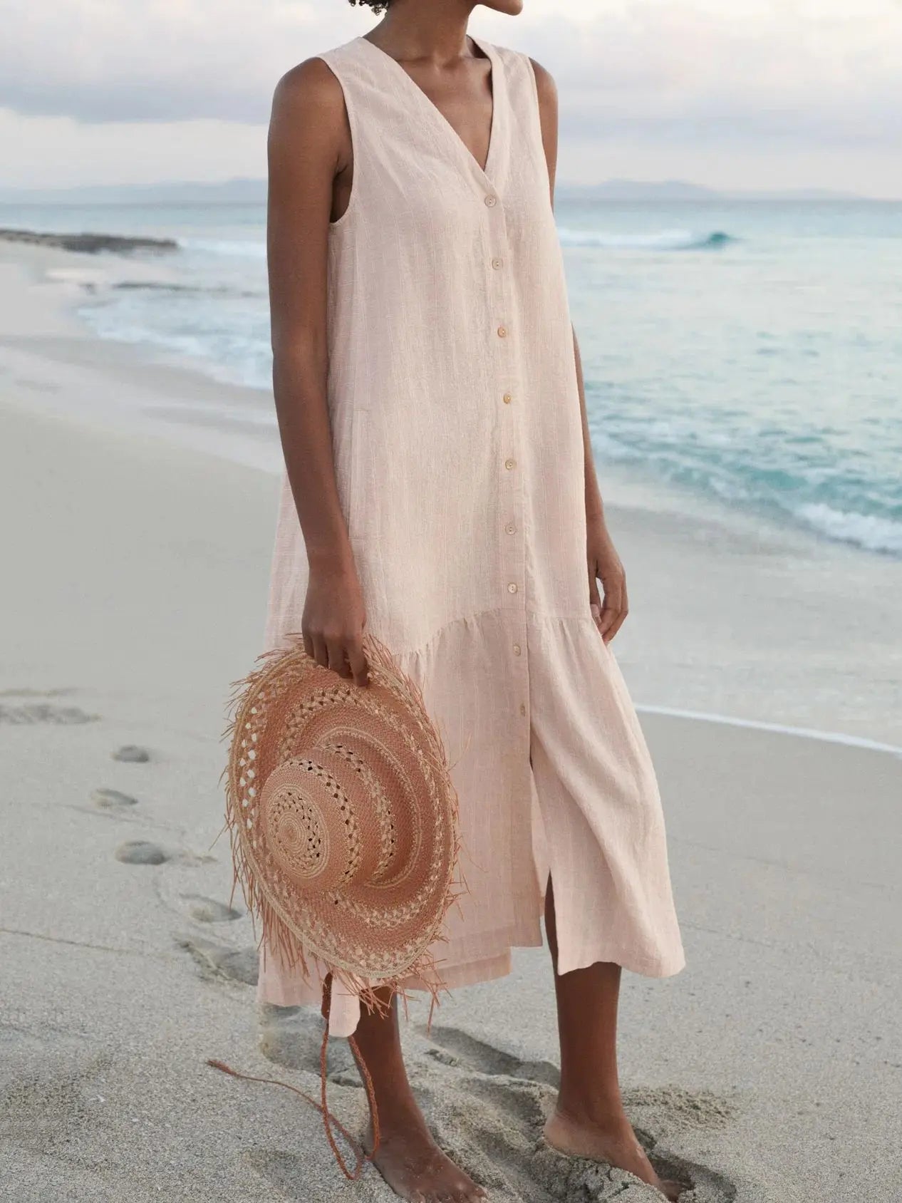 Refined Solid Shirt Summer Sleeveless V Neck Harajuku Maxi Dress