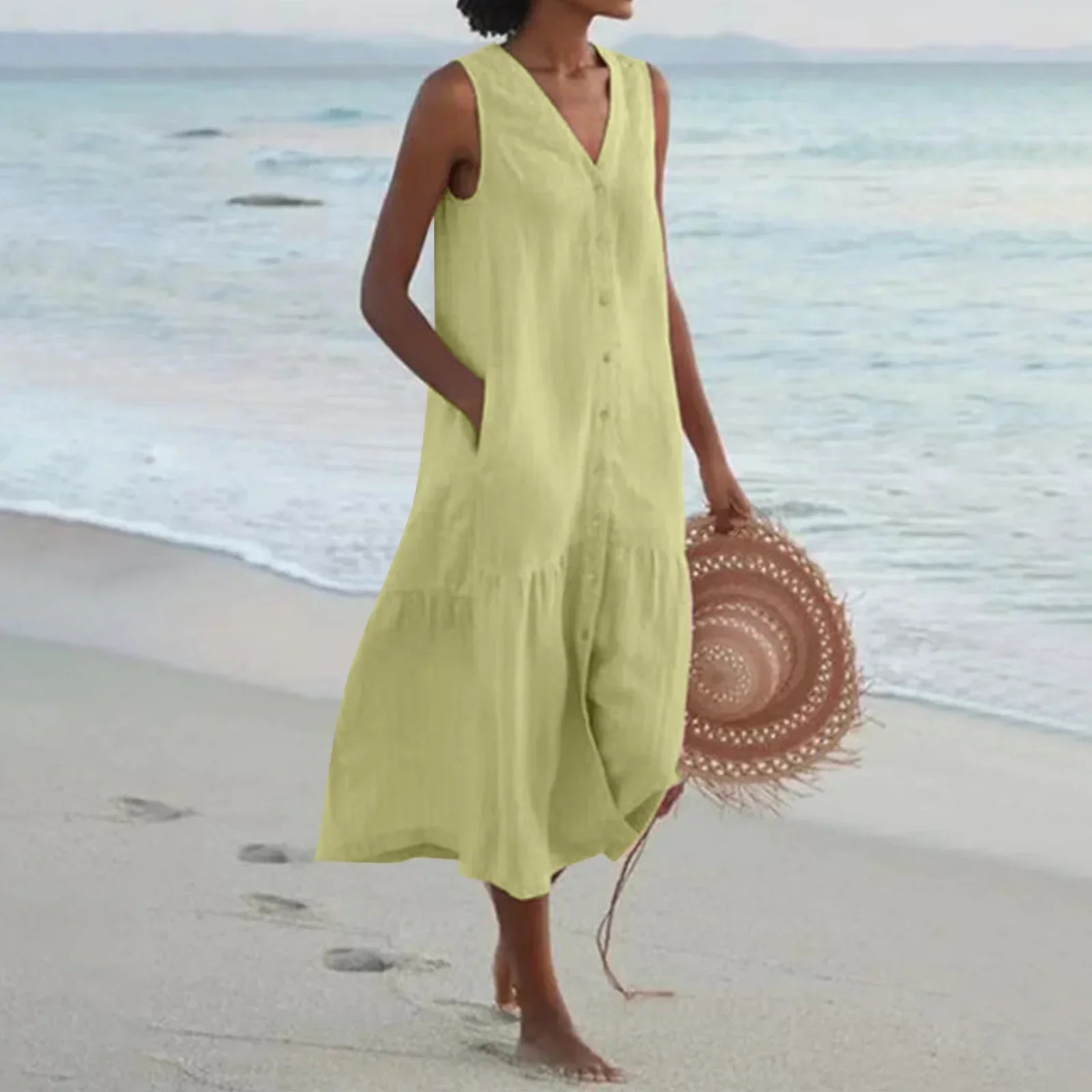 Refined Solid Shirt Summer Sleeveless V Neck Harajuku Maxi Dress