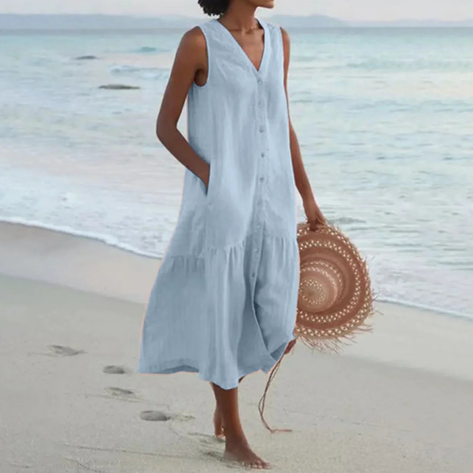 Refined Solid Shirt Summer Sleeveless V Neck Harajuku Maxi Dress