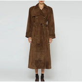 Suede Leather Chocolate Belted Overcoat Brown / S