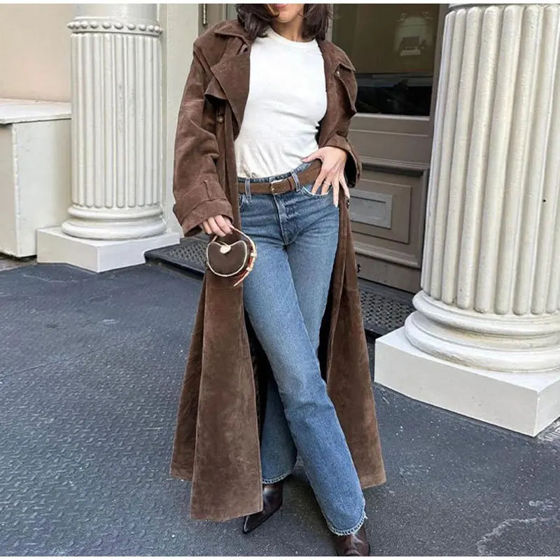 Suede-Look Double Breasted Belted Longline Trench Coat 2