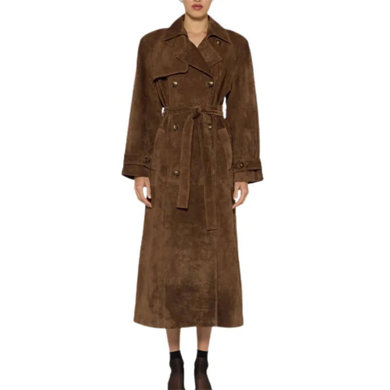 Suede-Look Double Breasted Belted Longline Trench Coat 5