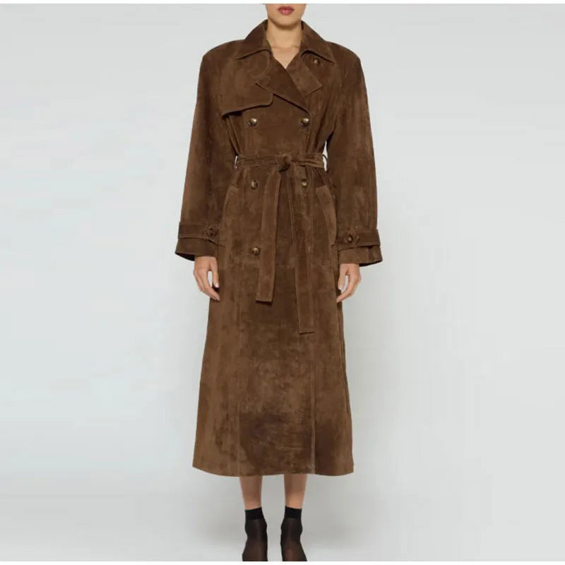 Suede-Look Double Breasted Belted Longline Trench Coat