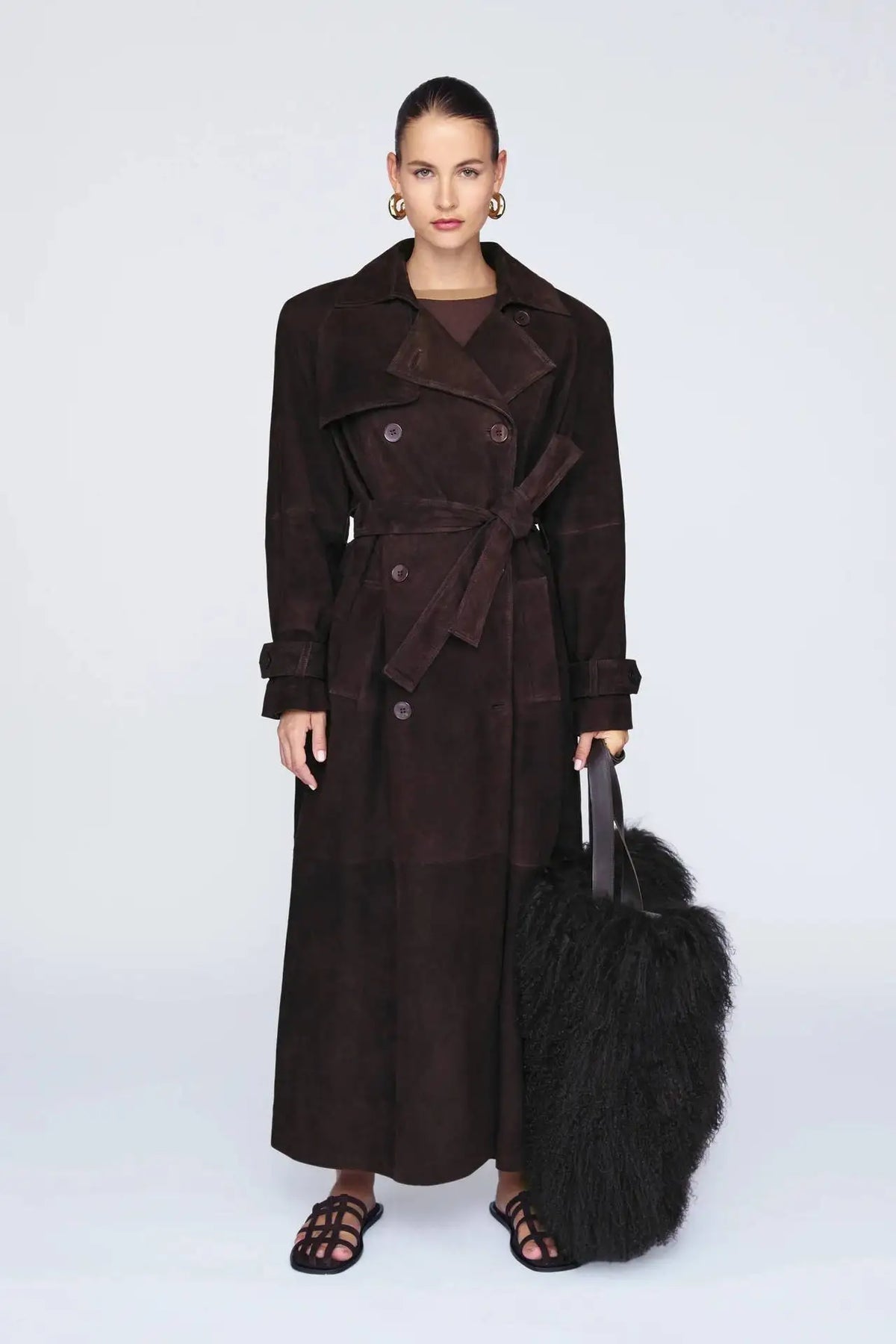 Suede-Look Double Breasted Belted Longline Trench Coat 6