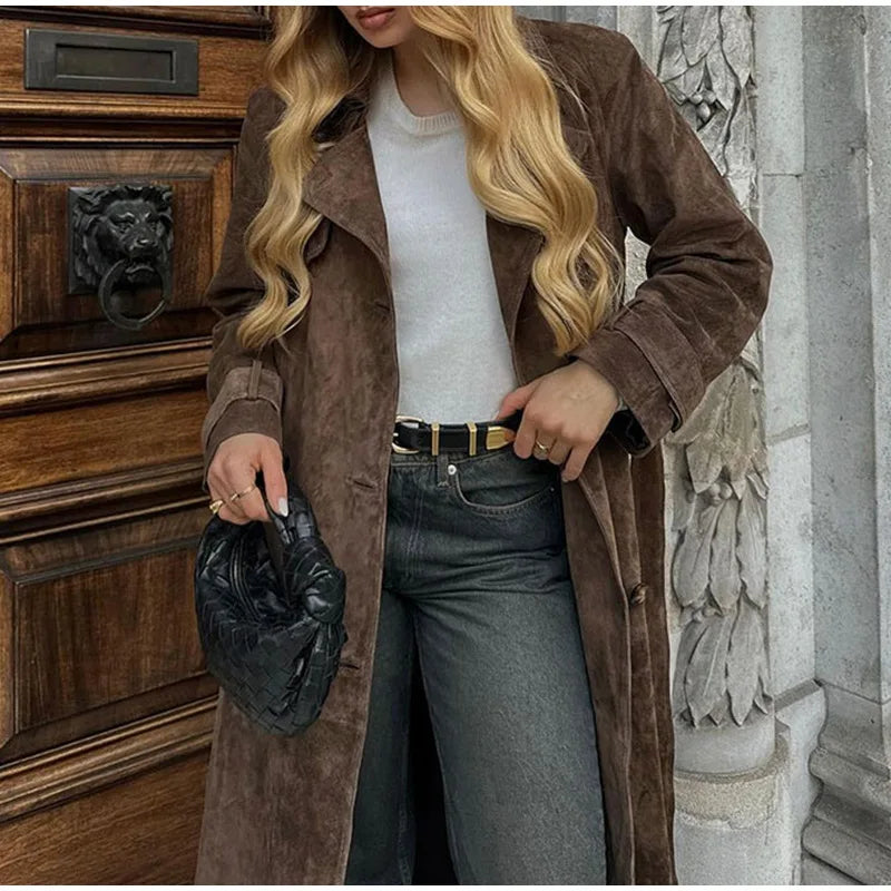 Suede-Look Double Breasted Belted Longline Trench Coat 3