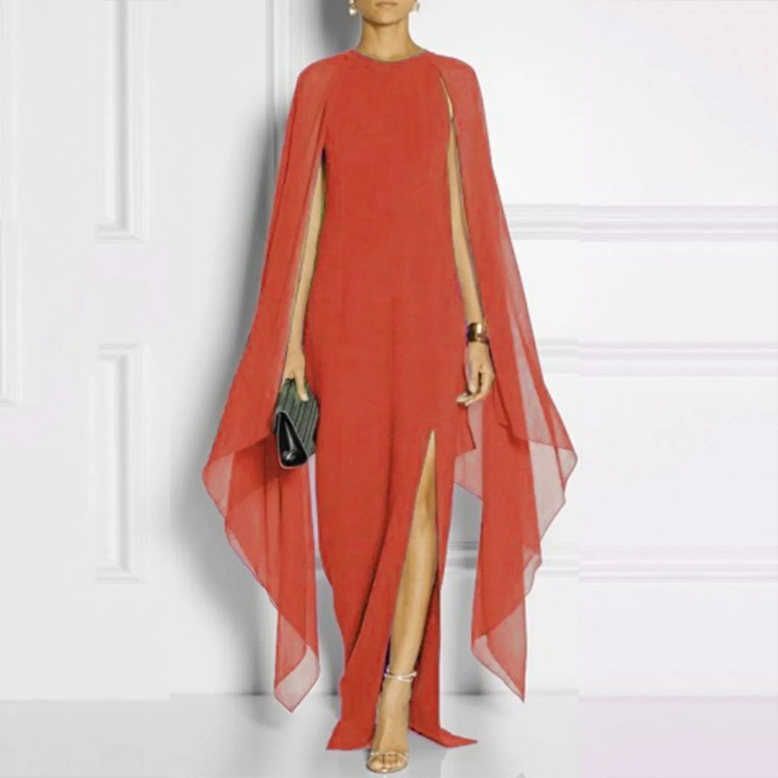 Graceful Summer Maxi Chiffon Cape Long High Slit Irregular Batwing Sleeve Vestidos Dress