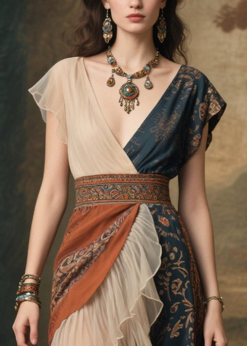Chiffon Deep V-Neck Asymmetrical Cap Sleeve Paisley Print Embroidered Belt Tiered Ruffle Maxi Gown
