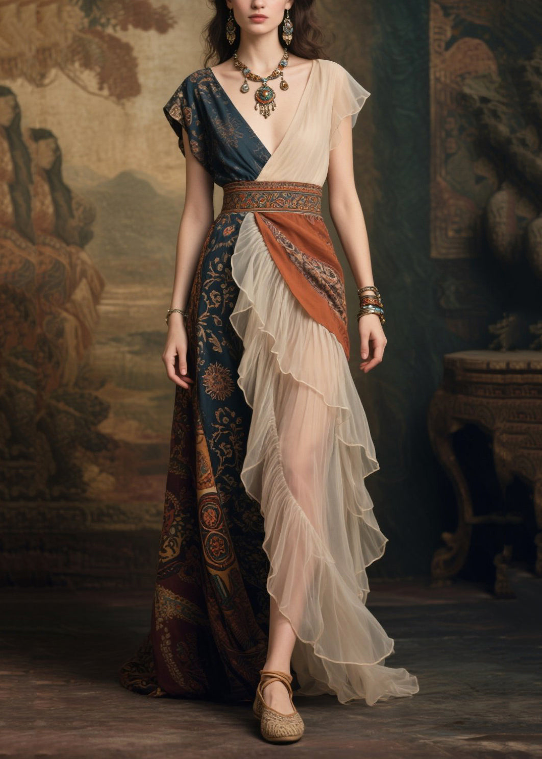 Chiffon Deep V-Neck Asymmetrical Cap Sleeve Paisley Print Embroidered Belt Tiered Ruffle Maxi Gown
