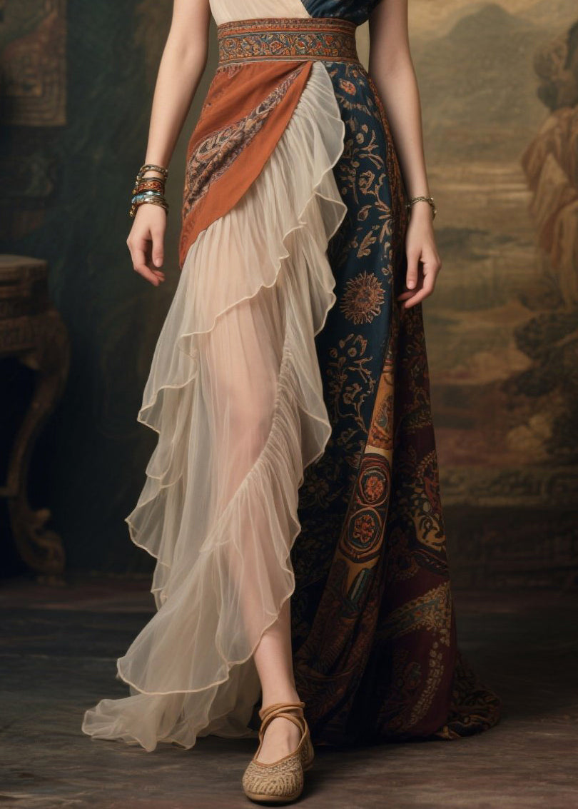 Chiffon Deep V-Neck Asymmetrical Cap Sleeve Paisley Print Embroidered Belt Tiered Ruffle Maxi Gown