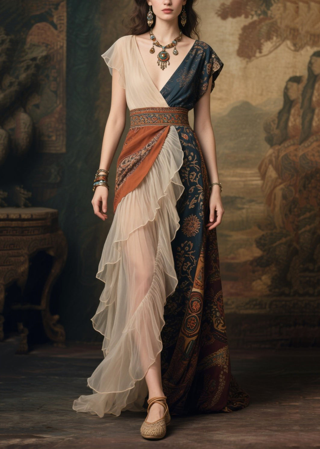 Chiffon Deep V-Neck Asymmetrical Cap Sleeve Paisley Print Embroidered Belt Tiered Ruffle Maxi Gown