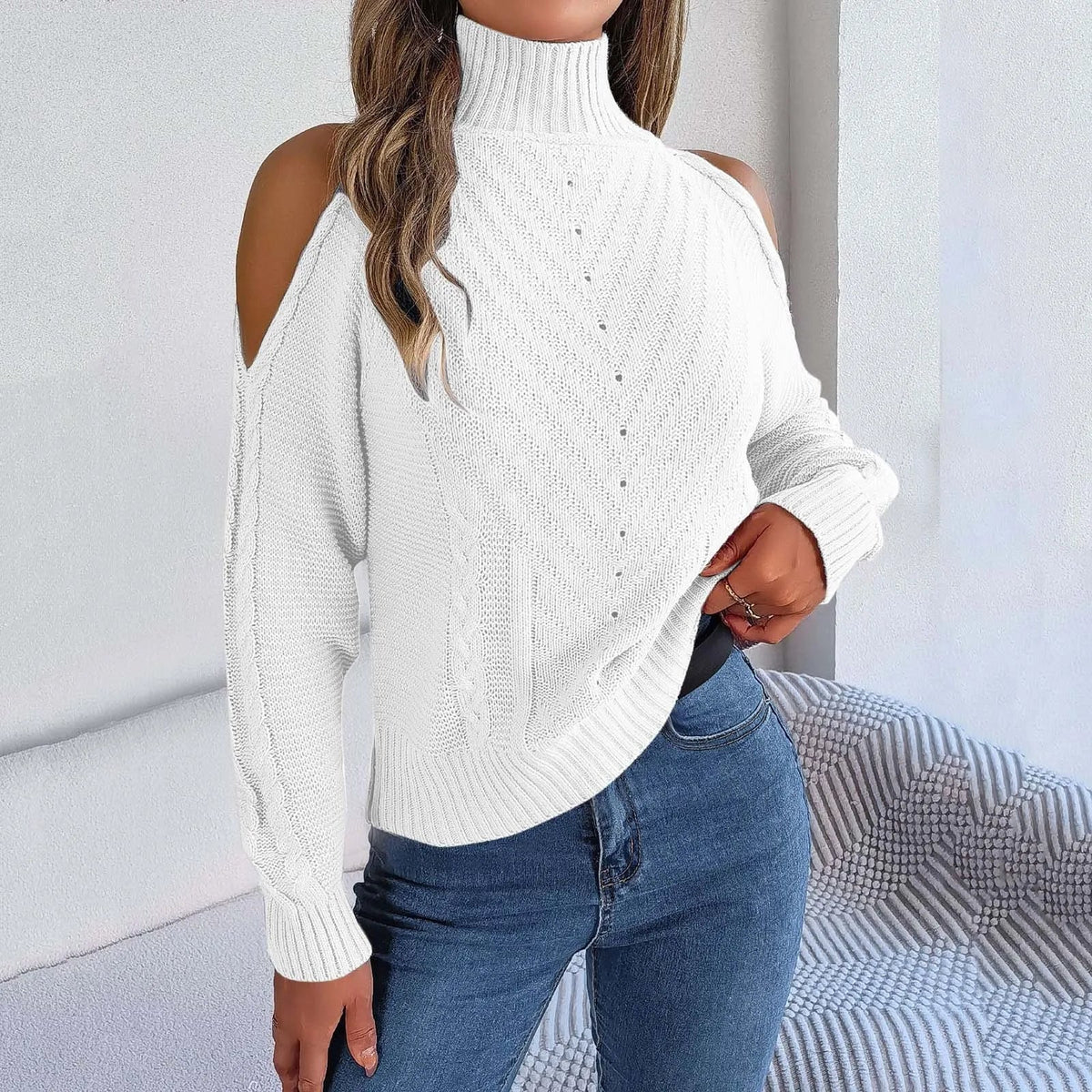Turtleneck Cold Shoulder Long Sleeve Textured Cable Knit Sweater