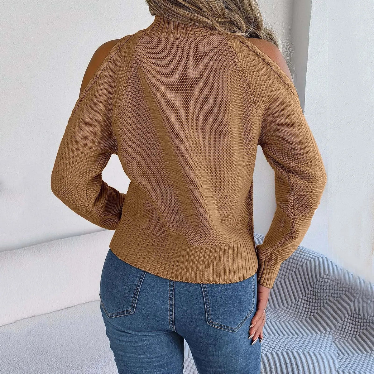 Turtleneck Cold Shoulder Long Sleeve Textured Cable Knit Sweater 4