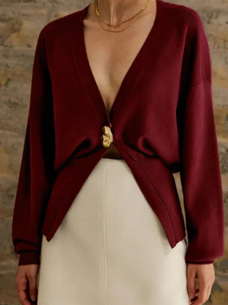 Deep V-Neck Single Button Drop Shoulder Split Hem Knit Cardigan
