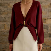 Loose Hollow Out V-Neck Knit Cardigan Wine Red / S