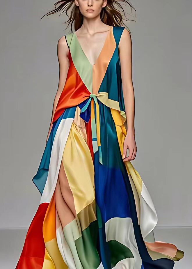 Deep V-Neck Sleeveless Lace Up Colorblock Satin High Split Maxi Gown