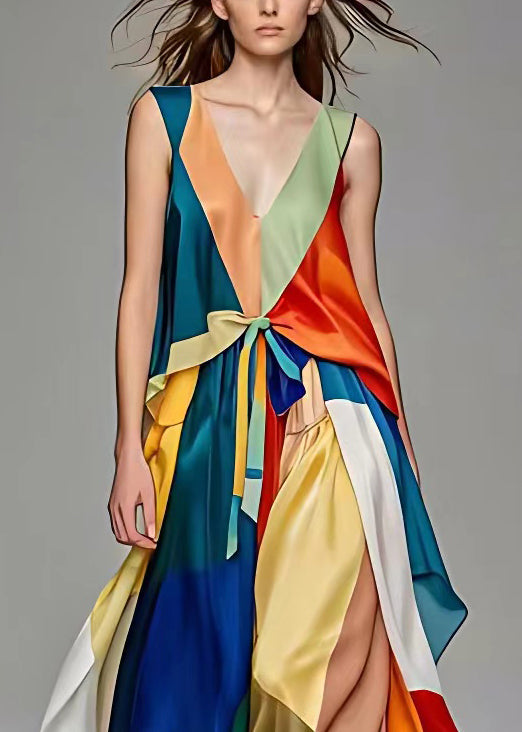 Deep V-Neck Sleeveless Lace Up Colorblock Satin High Split Maxi Gown