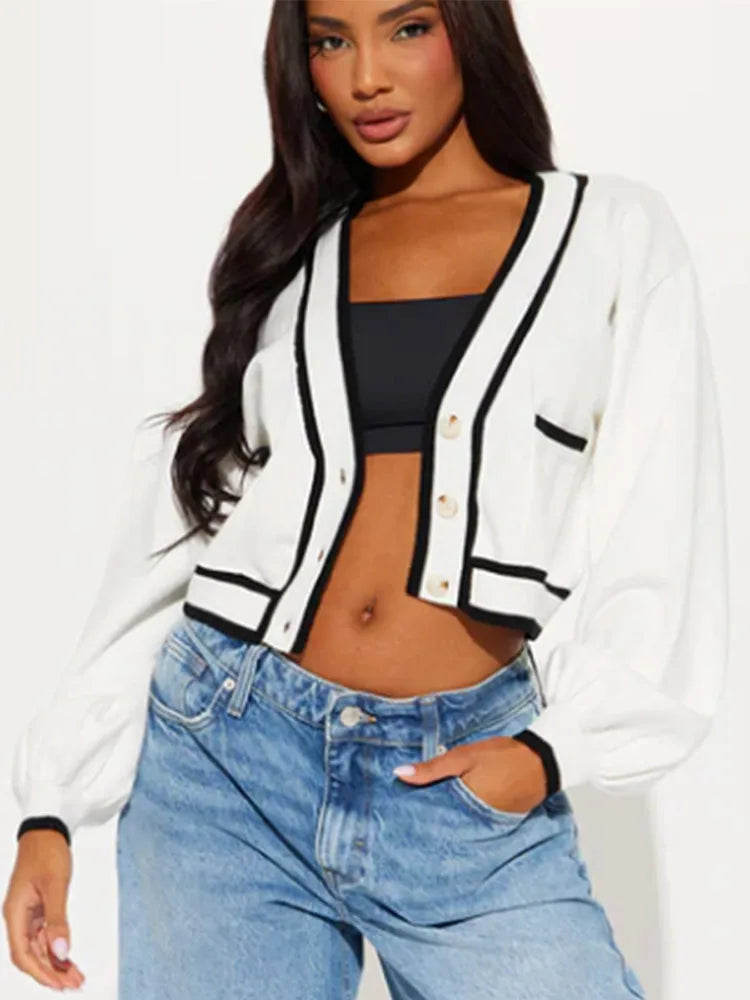V-Neck Contrast Trim Balloon Sleeve Button Front Cropped Cardigan 6
