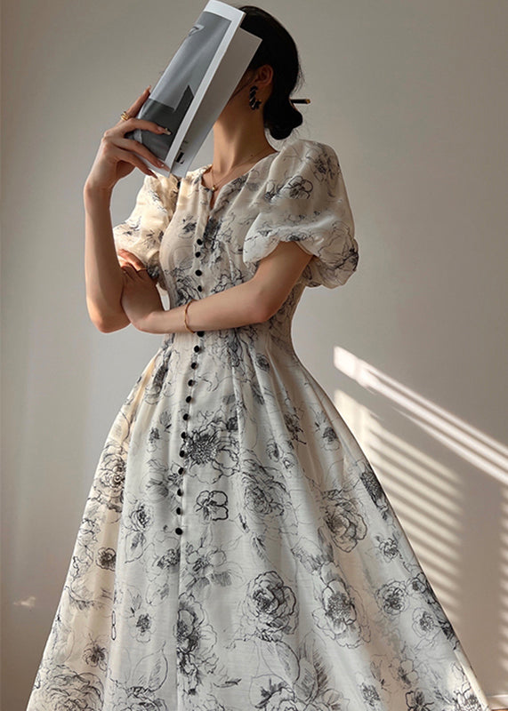 Elegant V Neck Print Button Chiffon Maxi Dress Short Sleeve - View 2