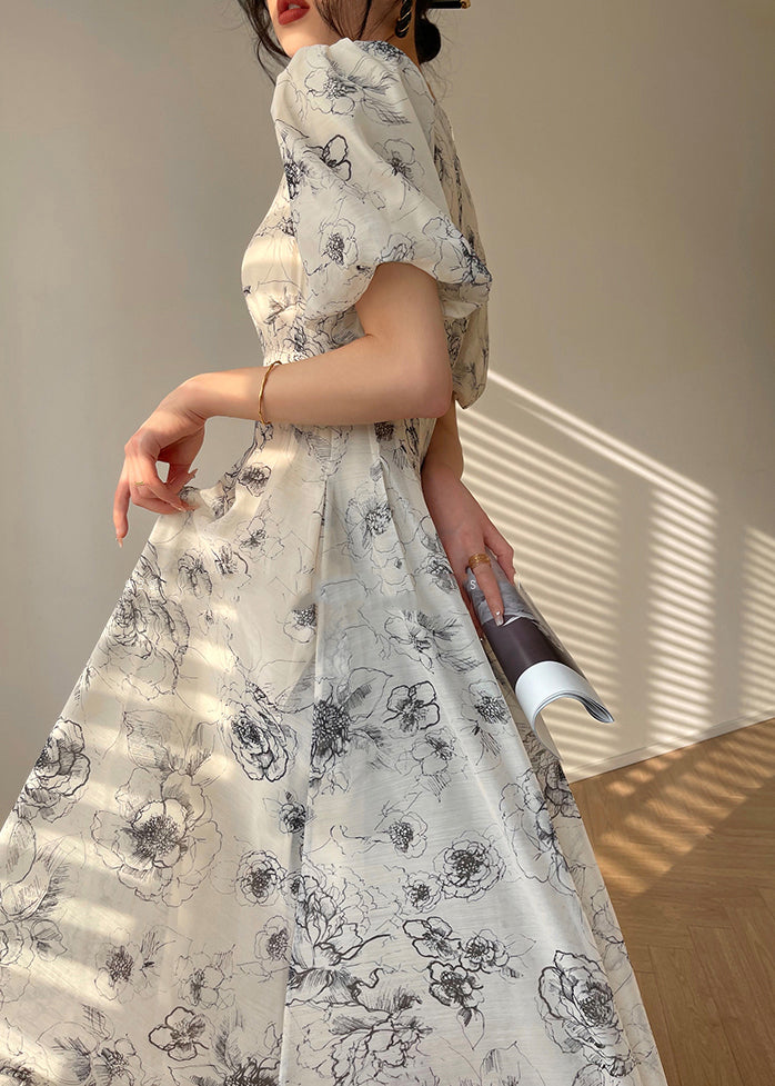 Elegant V Neck Print Button Chiffon Maxi Dress Short Sleeve - View 4