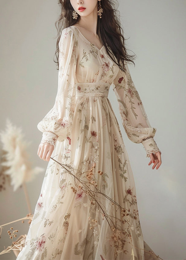Elegant V Neck Print High Waist Chiffon Dress Long Sleeve 2