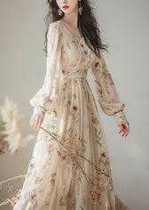 Elegant V Neck Print High Waist Chiffon Dress Long Sleeve 2