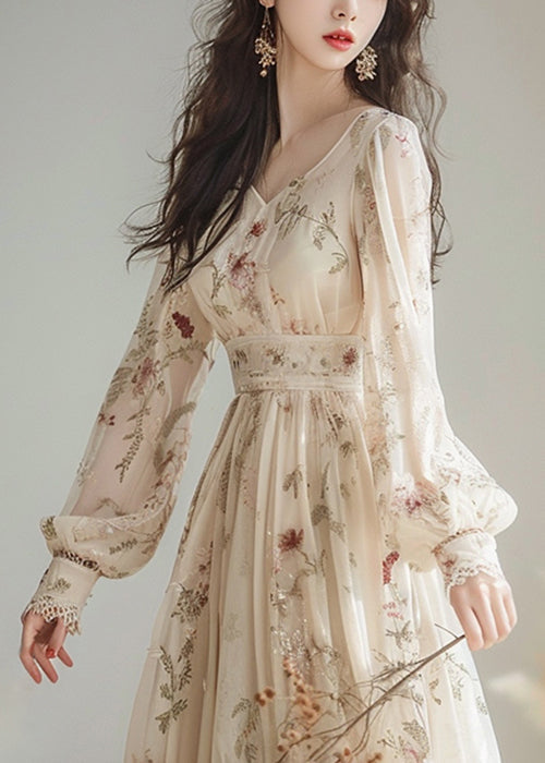 Elegant V Neck Print High Waist Chiffon Dress Long Sleeve 3