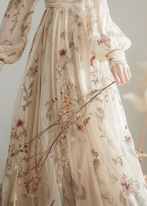 Elegant V Neck Print High Waist Chiffon Dress Long Sleeve 5