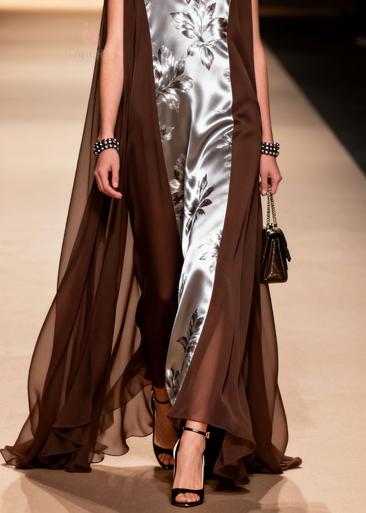 Floral Print Deep V-Neck Sleeveless Sheer Cape Wing Panel Maxi Gown