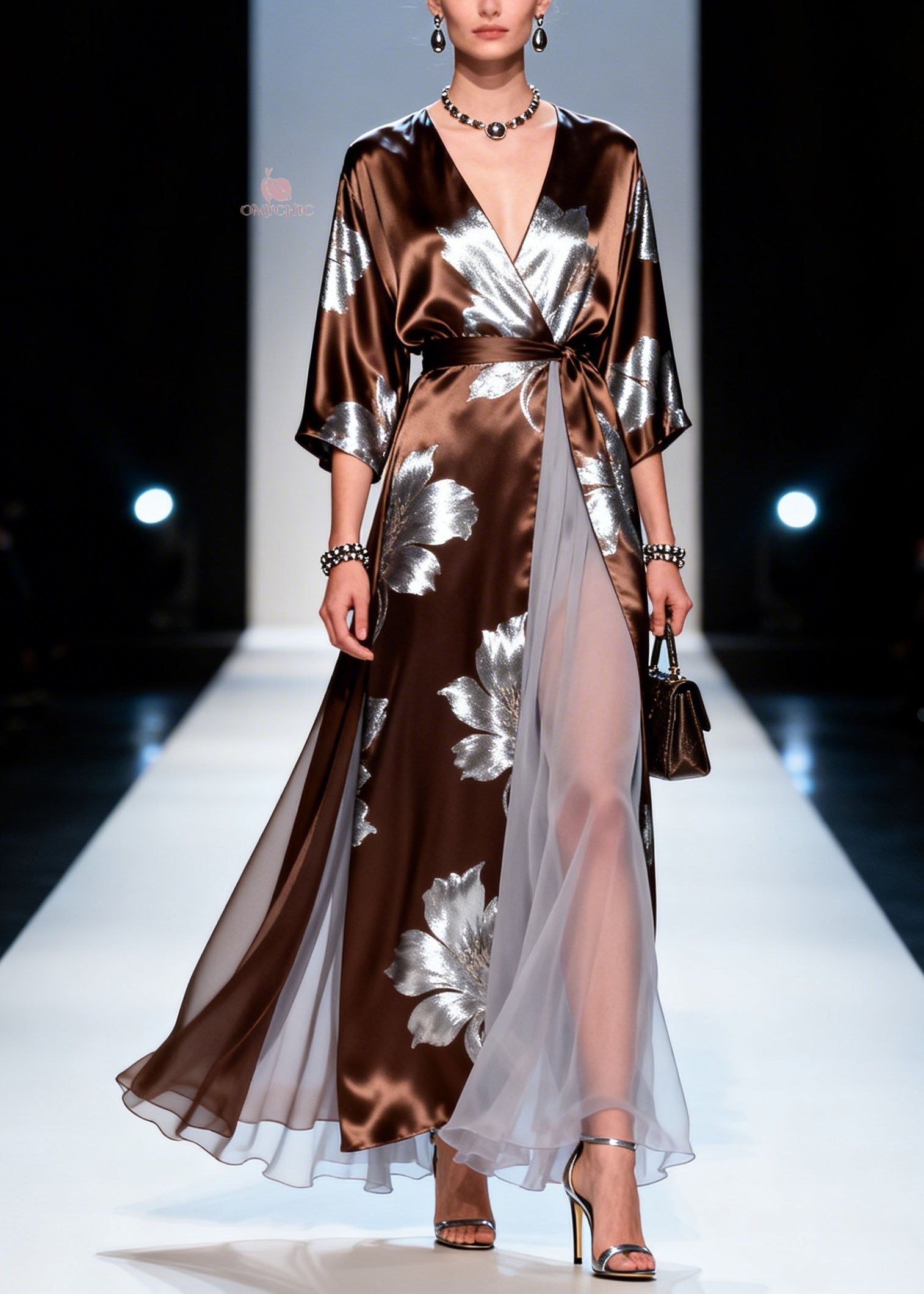 Satin Floral Print V-Neck Kimono Sleeve Tulle Panel Wrap Maxi Gown