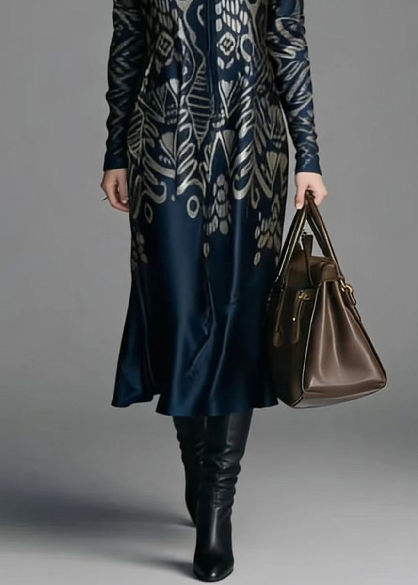 Abstract Print V-Neck Tie Neck Long Sleeve Flowy Midi Dress